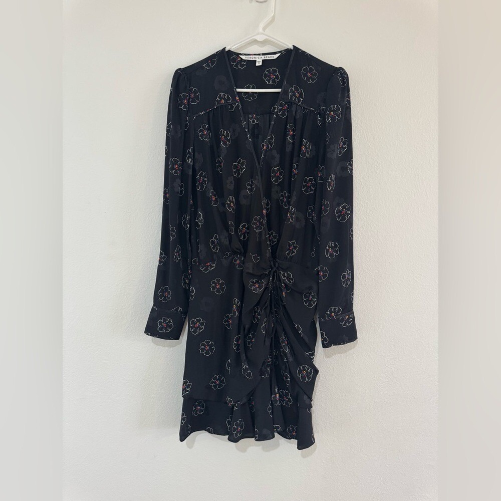 Veronica Beard Black Floral Silk Blend Ruched‎ Mini Wrap Dress Size 10 (750)